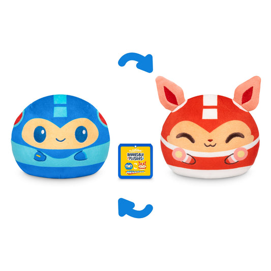 Two soft and cuddly plush toys are shown: a blue one with a smiley face on the left and a red one with bunny ears and a happy expression on the right. An arrow indicates they are reversible stuffed toys, specifically the Plushiverse Mega Man and Rush 4