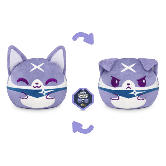 Two-sided reversible plushie in the shape of a round cat. One side depicts a happy purple cat; the other, an angry purple cat. A logo in the middle reads