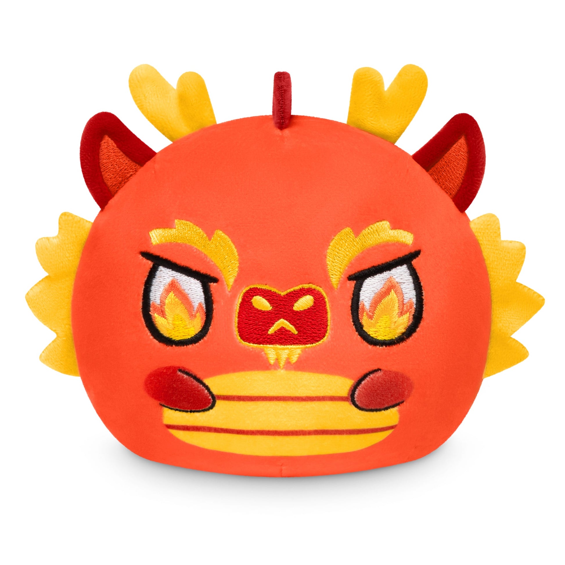 A Plushiverse Lunar New Year Dragon 4" Reversible Plushie with yellow eyes in red and yellow by TeeTurtle.
