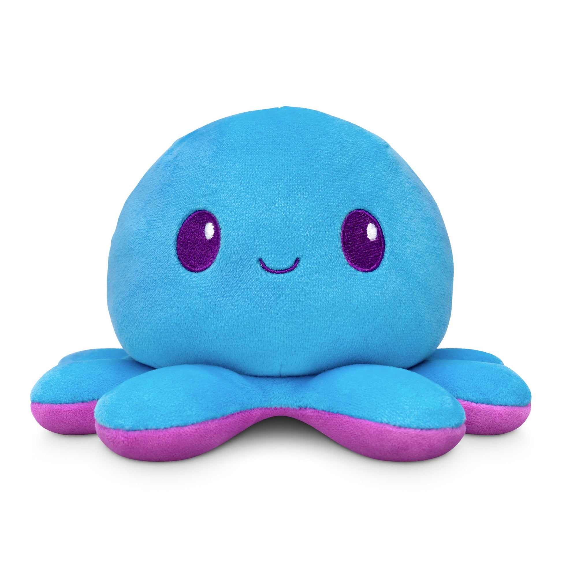 Introducing the TeeTurtle Plushiverse Indigo Octo 4" Reversible Plushie: a blue octopus stuffed toy with a smiling face and purple tentacle undersides.