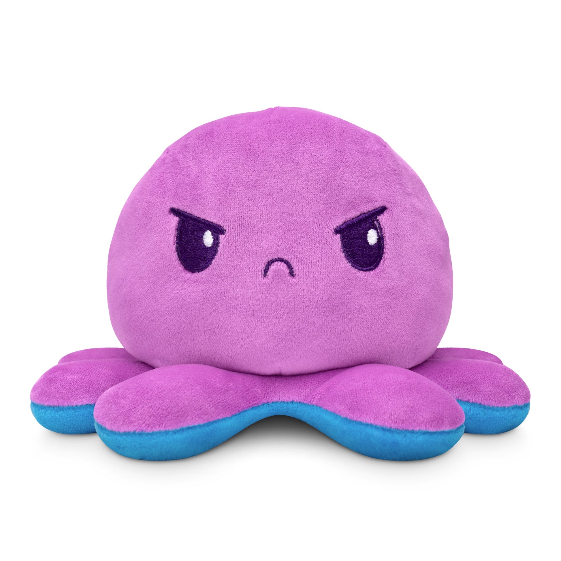 A TeeTurtle product from the Kawaii Cuties collection, this Plushiverse Indigo Octo 4" Reversible Plushie features a blue underside and displays an angry facial expression.
