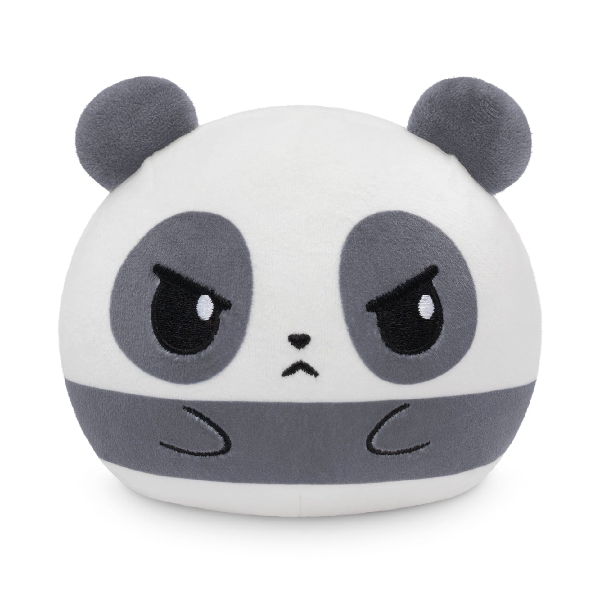 Introducing the Plushiverse Panda Pals 4" Reversible Plushie by TeeTurtle—a round, soft, and cuddly toy resembling a gray and white panda with large, dark eyes and an adorably angry expression. This stuffed toy is also reversible, providing extra fun for playtime.