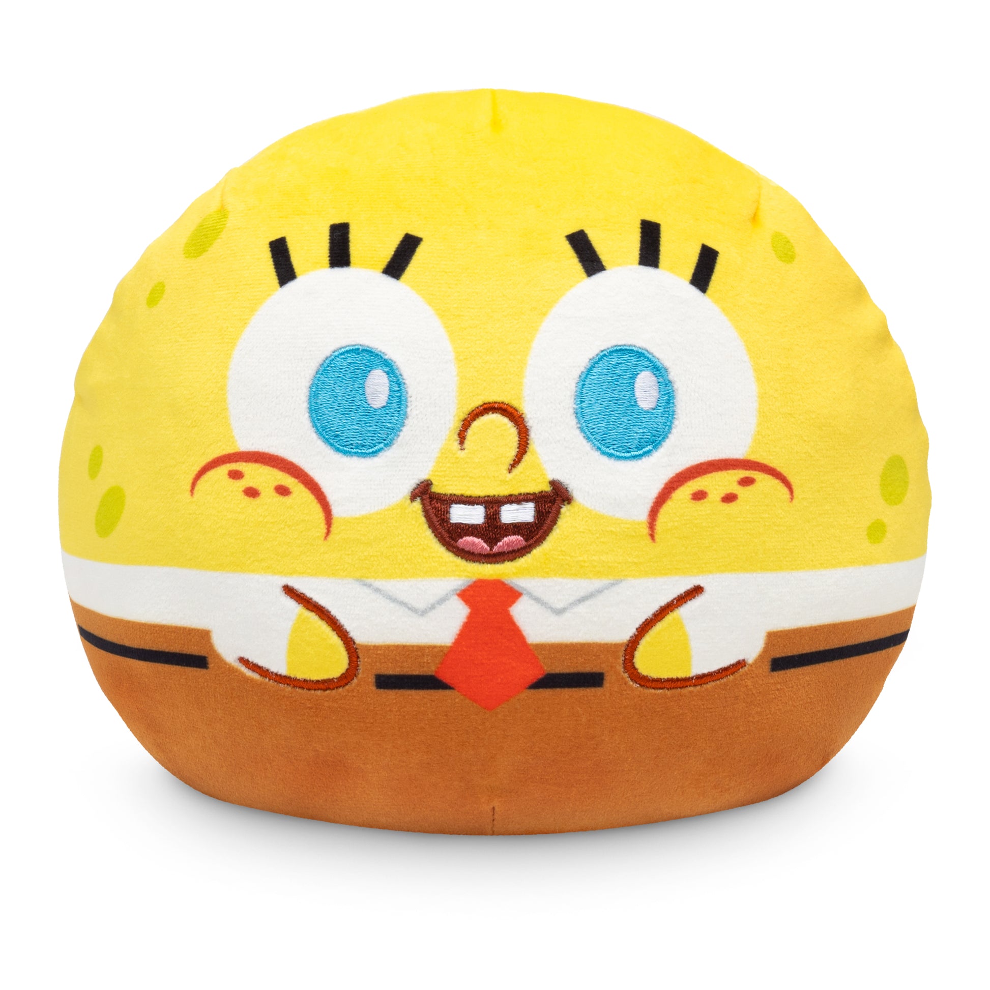 A round, plush toy featuring a smiling character with yellow skin, large blue eyes, and wearing a white shirt, red tie, and brown pants. This adorable stuffed toy is perfect for fans of the Nickelodeon Plushiverse SpongeBob 6” Reversible Plushie.
