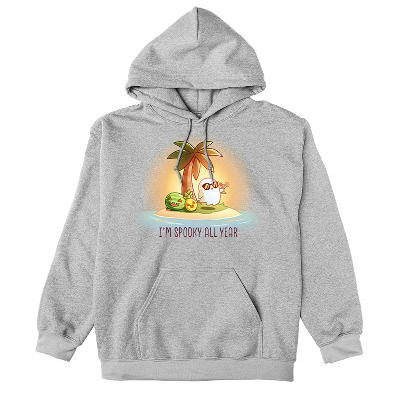 Pullover Hoodie_TeeTurtle sport grey I'm Spooky All Year apparel featuring a ghost drinking a cocktail on a beach with fruits carved like jack-o-lanterns