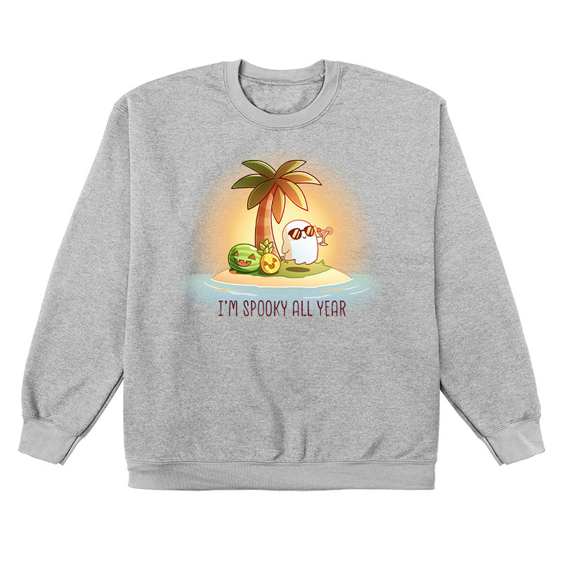 Crew Neck Sweatshirt_TeeTurtle sport grey I'm Spooky All Year apparel featuring a ghost drinking a cocktail on a beach with fruits carved like jack-o-lanterns