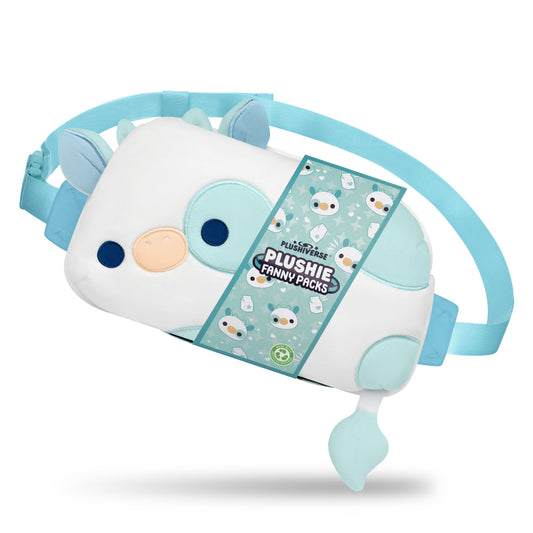 A Plushiverse Udderly Adorable Plushie Fanny Pack with a light blue strap and a cute animal face design from the TeeTurtle Kawaii Cuties Collection. The tag reads