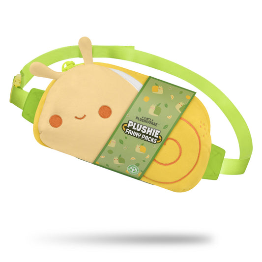 A yellow and green, snail-shaped fanny pack with a smiling face, part of the Sweet & Sour collection. It boasts hands-free functionality and is labeled