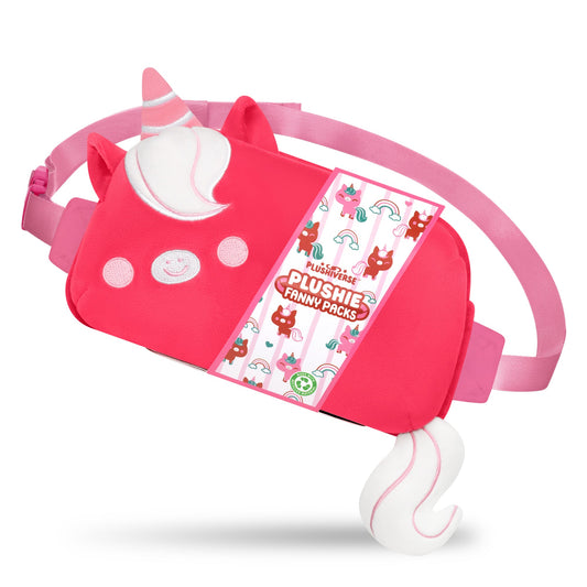 Introducing our Valentine's Day collection! This Ruby Red Unicorn Plushie Fanny Pack by TeeTurtle features a whimsical unicorn design, complete with horn, ears, and tail. Enjoy the hands-free functionality while the tag displays