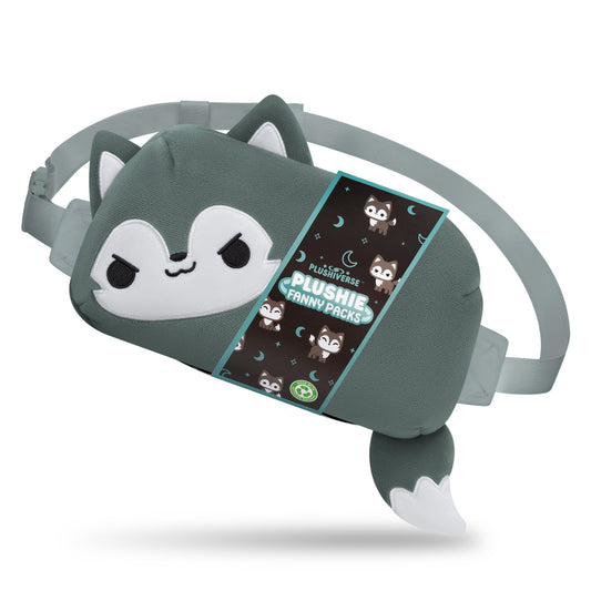This grey and white Plushiverse Lone Wolf Plushie Fanny Pack, shaped like a cute fox with a tail, is part of the TeeTurtle collection. It features adjustable straps for hands-free functionality and a small label that reads