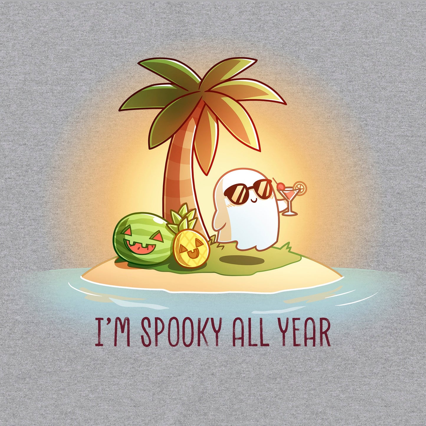 Classic Cotton T-shirt_TeeTurtle sport grey I'm Spooky All Year apparel featuring a ghost drinking a cocktail on a beach with fruits carved like jack-o-lanterns