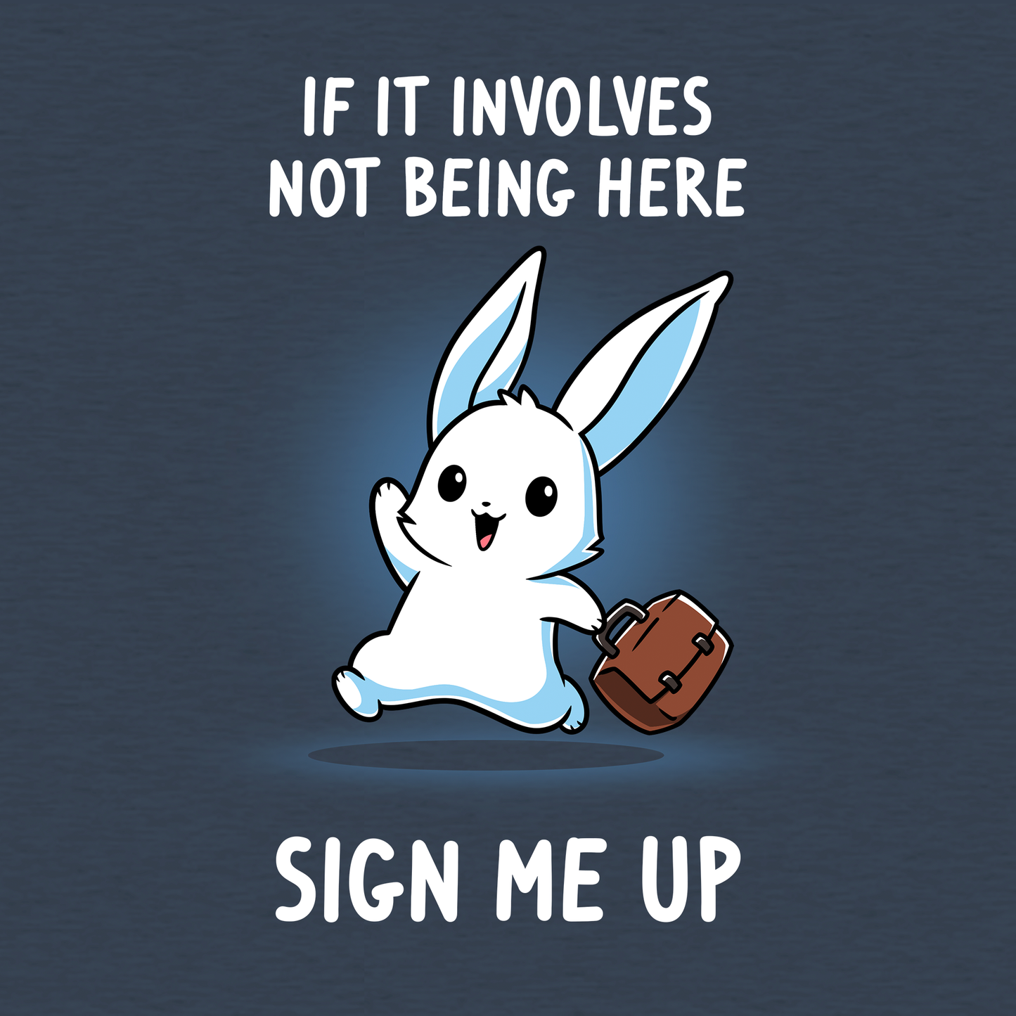 Classic Cotton T-shirt_TeeTurtle heather blue Sign Me Up apparel featuring a running bunny holding a briefcase with the caption, “If It Involves Not Being Here, Sign Me Up“.