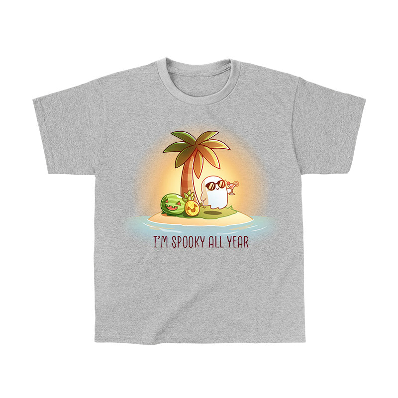 Classic Cotton T-shirt_TeeTurtle sport grey I'm Spooky All Year apparel featuring a ghost drinking a cocktail on a beach with fruits carved like jack-o-lanterns
