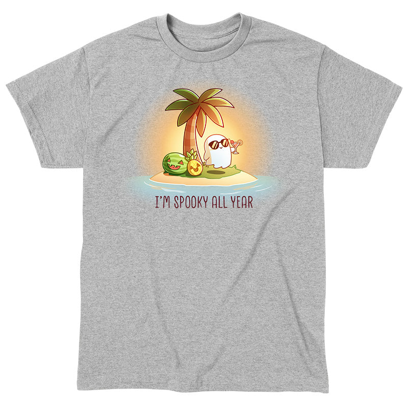 Classic Cotton T-shirt_TeeTurtle sport grey I'm Spooky All Year apparel featuring a ghost drinking a cocktail on a beach with fruits carved like jack-o-lanterns