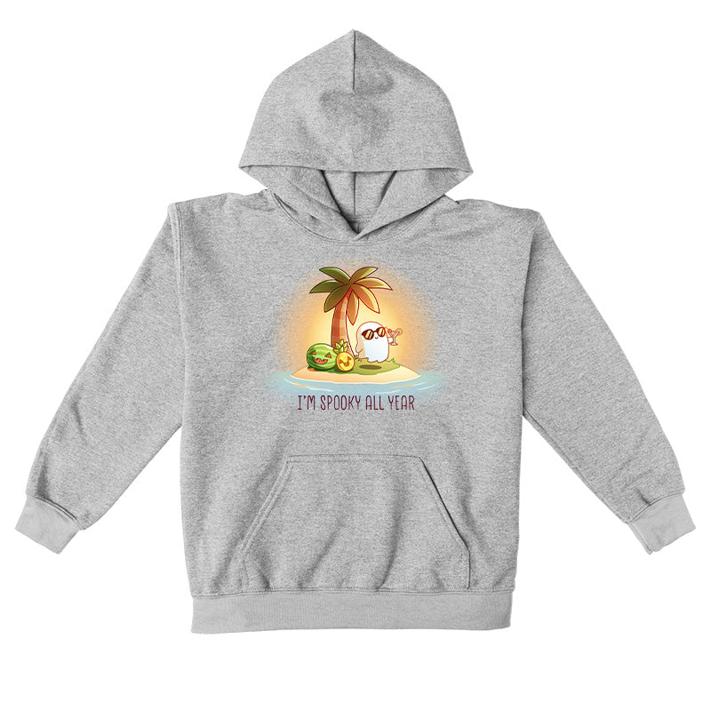 Pullover Hoodie_TeeTurtle sport grey I'm Spooky All Year apparel featuring a ghost drinking a cocktail on a beach with fruits carved like jack-o-lanterns