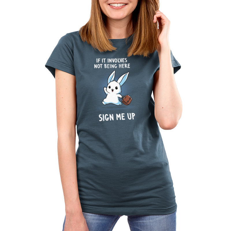 Premium Cotton T-shirt_TeeTurtle denim blue Sign Me Up apparel featuring a running bunny holding a briefcase with the caption, “If It Involves Not Being Here, Sign Me Up“.