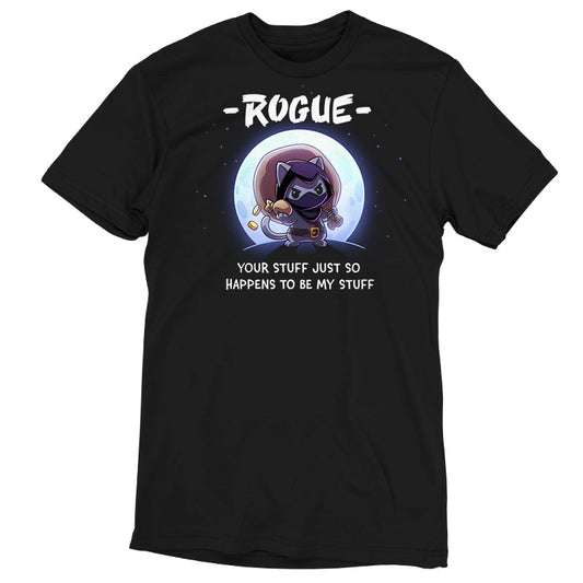 Premium Cotton T-shirt_TeeTurtle black Your Stuff Is My Stuff apparel featuring  a rogue cat with a large treasure sack on its back holding a pouch of gold coins with a full moon in the background, and the caption, “- Rogue -, Your Stuff Just So Happens To Be My Stuff”.