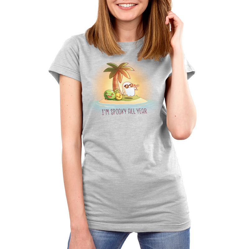 Premium Cotton T-shirt_TeeTurtle silver I'm Spooky All Year apparel featuring a ghost drinking a cocktail on a beach with fruits carved like jack-o-lanterns