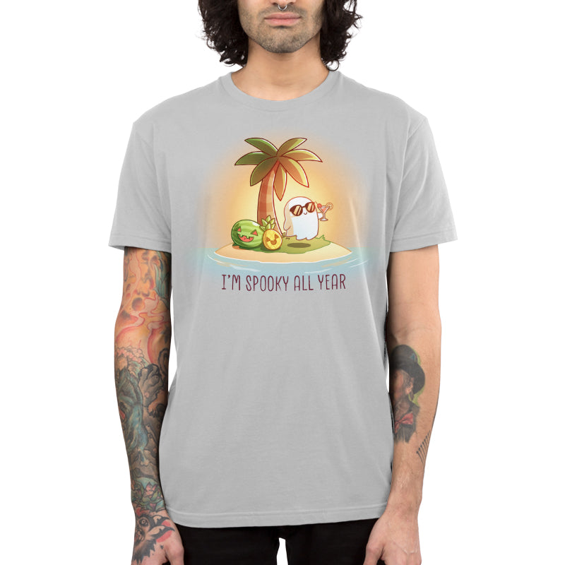 Premium Cotton T-shirt_TeeTurtle silver I'm Spooky All Year apparel featuring a ghost drinking a cocktail on a beach with fruits carved like jack-o-lanterns