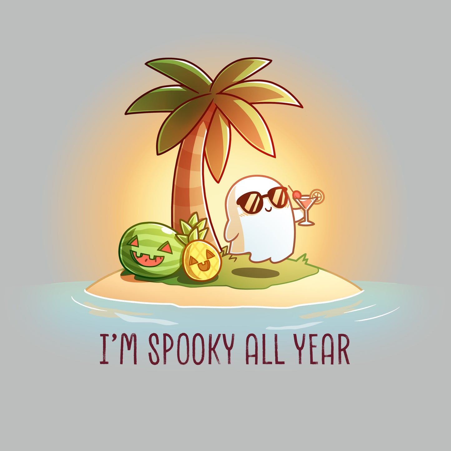 Premium Cotton T-shirt_TeeTurtle silver I'm Spooky All Year apparel featuring a ghost drinking a cocktail on a beach with fruits carved like jack-o-lanterns