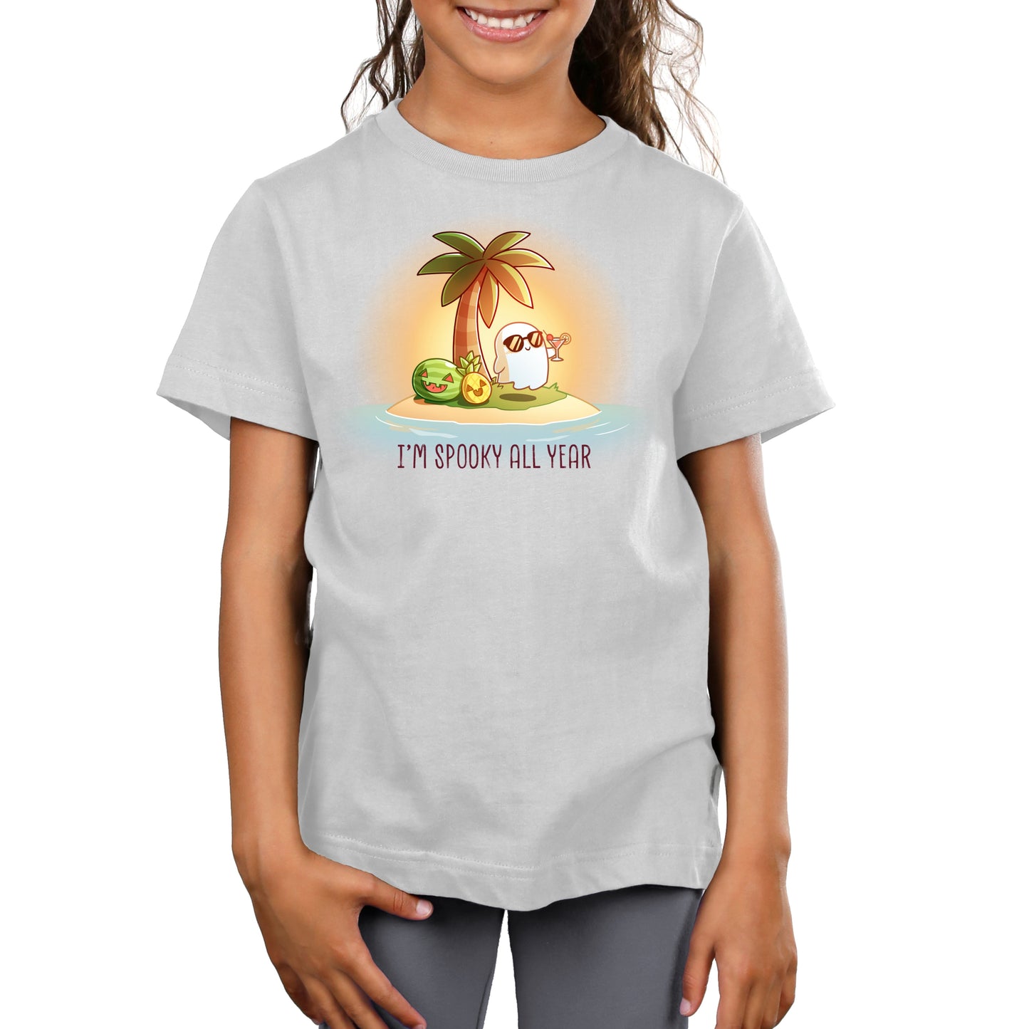 Premium Cotton T-shirt_TeeTurtle silver I'm Spooky All Year apparel featuring a ghost drinking a cocktail on a beach with fruits carved like jack-o-lanterns