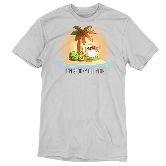 Premium Cotton T-shirt_TeeTurtle silver I'm Spooky All Year apparel featuring a ghost drinking a cocktail on a beach with fruits carved like jack-o-lanterns