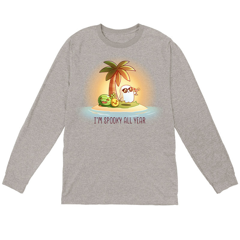 Long Sleeve T-shirt_TeeTurtle sport grey I'm Spooky All Year apparel featuring a ghost drinking a cocktail on a beach with fruits carved like jack-o-lanterns