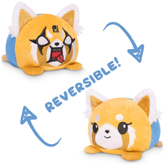 Two reversible TeeTurtle Aggretsuko plushies with the words