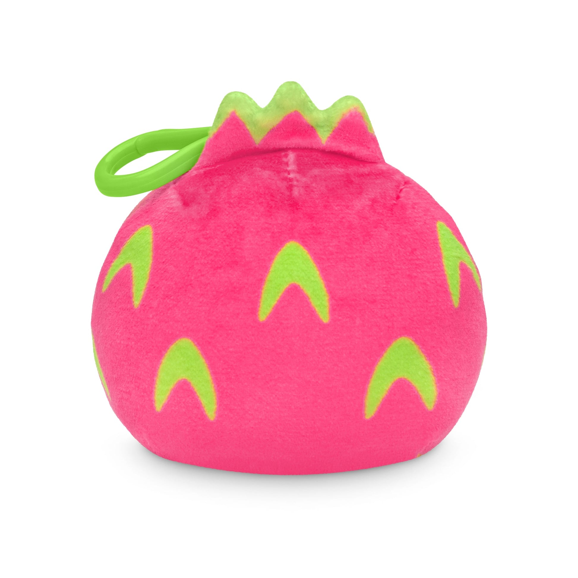 Bright pink Plushiverse Dragonfruit Reversible Plushie Keychain-shaped like a strawberry with green accents and a backpack clip, isolated on a white background.