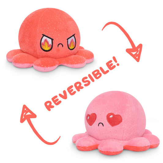 TeeTurtle Reversible Octopus Plushie (Red Sparkle + Pink Sparkle), a TeeTurtle original design, displaying two moods: one side angry in orange, other side happy in pink, with