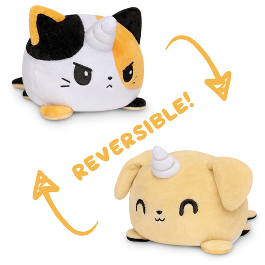 Two TeeTurtle Reversible Kittencorn & Puppicorn Plushies (Calico + Tan), adorned with the word