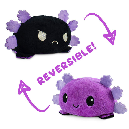 A TeeTurtle Reversible Axolotl Plushie (Black + Purple) with the words