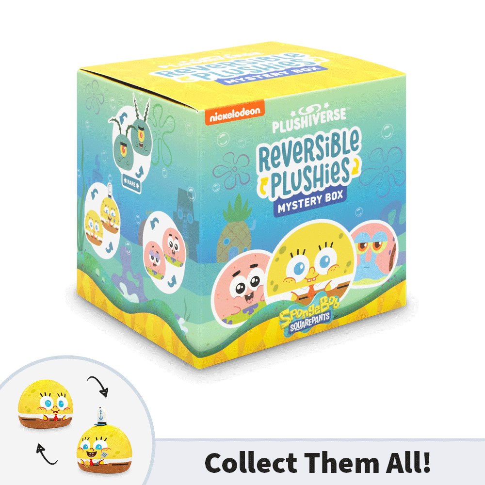 Introducing the Nickelodeon Plushiverse SpongeBob Reversible Plushie Mystery Box! This vibrant yellow and green box features collectible reversible plushies of your favorite SpongeBob SquarePants characters. The text "Collect Them All!" invites you to add these unique items to any SpongeBob collection, making it a perfect addition for fans.