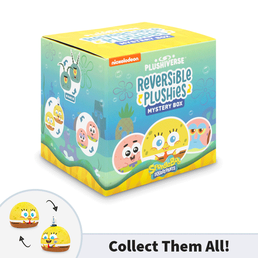 Introducing the Nickelodeon Plushiverse SpongeBob Reversible Plushie Mystery Box! This vibrant yellow and green box features collectible reversible plushies of your favorite SpongeBob SquarePants characters. The text