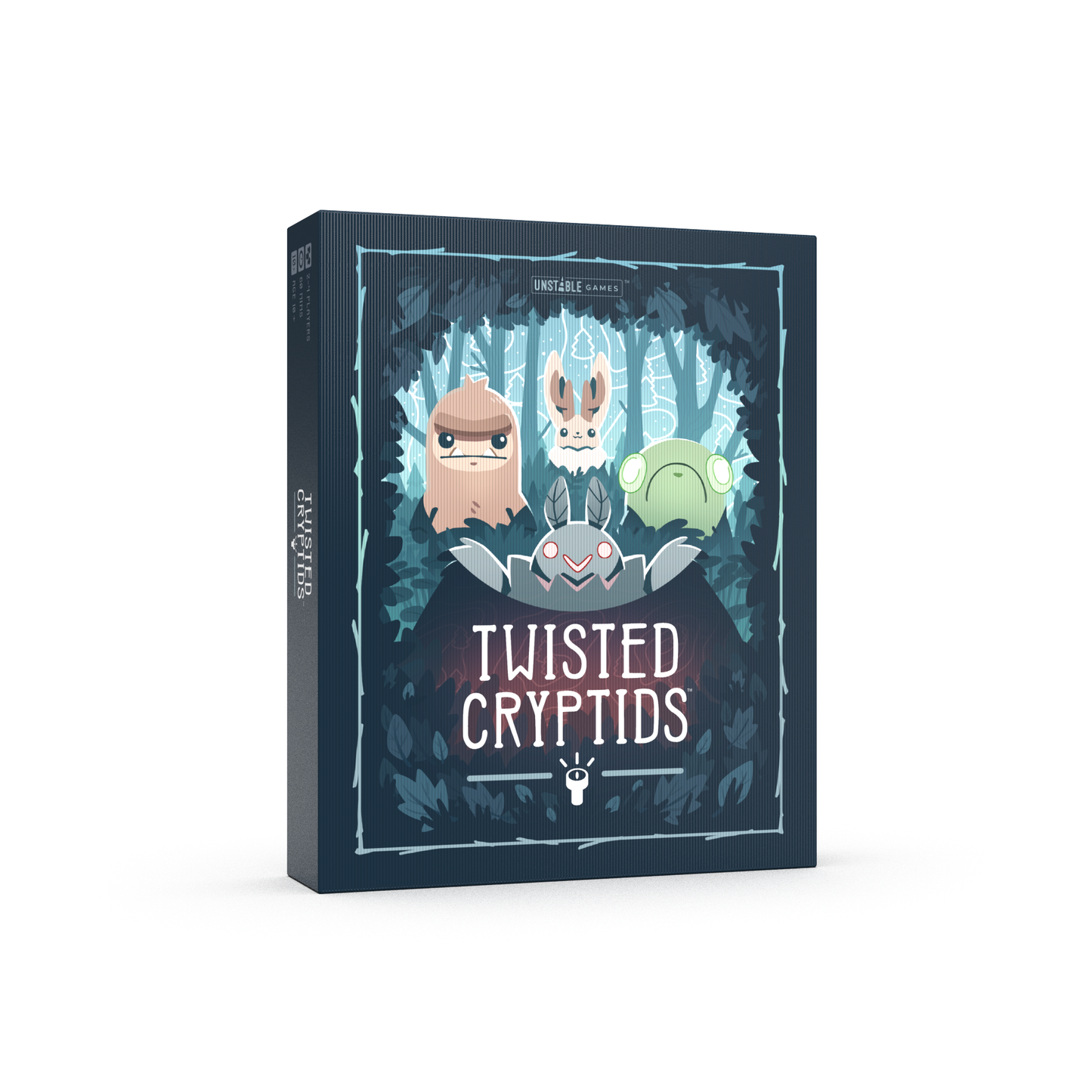 The image shows the boxed "Twisted Cryptids: Base Game" by Unstable Games, a Kickstarter board game featuring cartoon cryptid creatures on its cover with a stylized forest background.