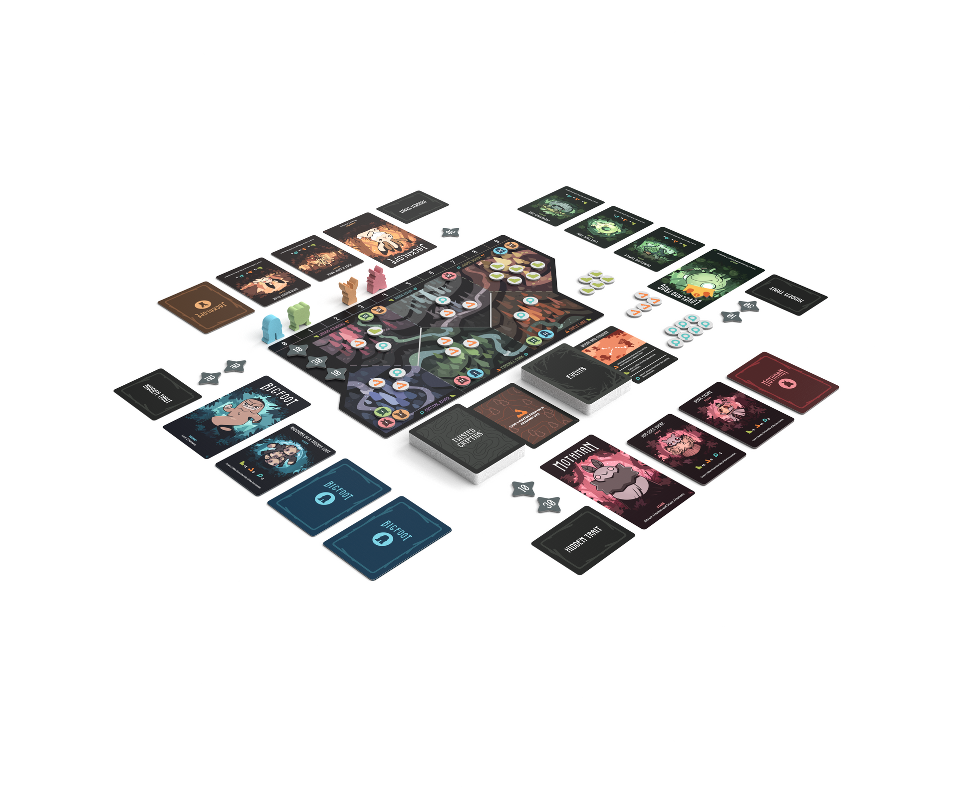 A board game setup with cards, tokens, player boards, and a main board arranged for multiple players on a white background—perfect for highlighting Twisted Cryptids: Base Game by Unstable Games in your Kickstarter campaign.