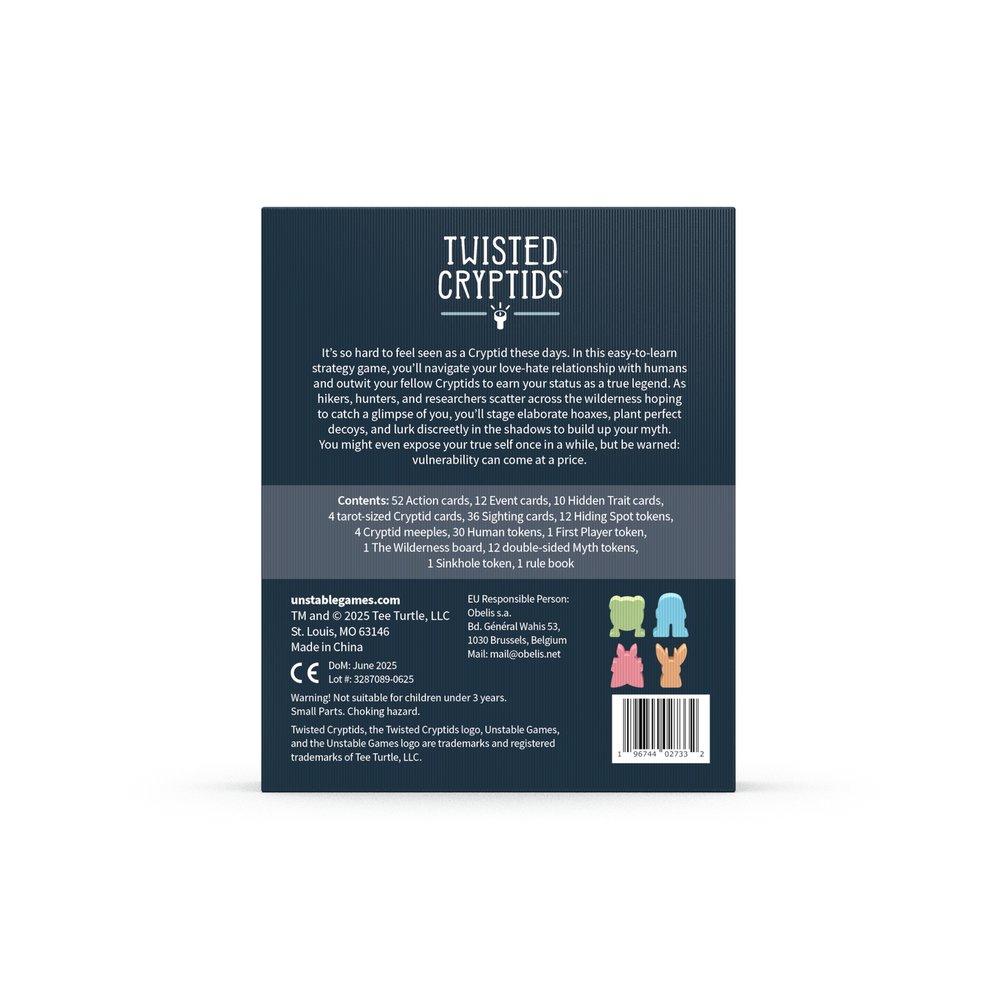 The back of the Twisted Cryptids: Base Game box by Unstable Games displays a thrilling strategy game description, company info, contents list, and cryptid silhouettes—ideal for fans tracking its Kickstarter campaign.