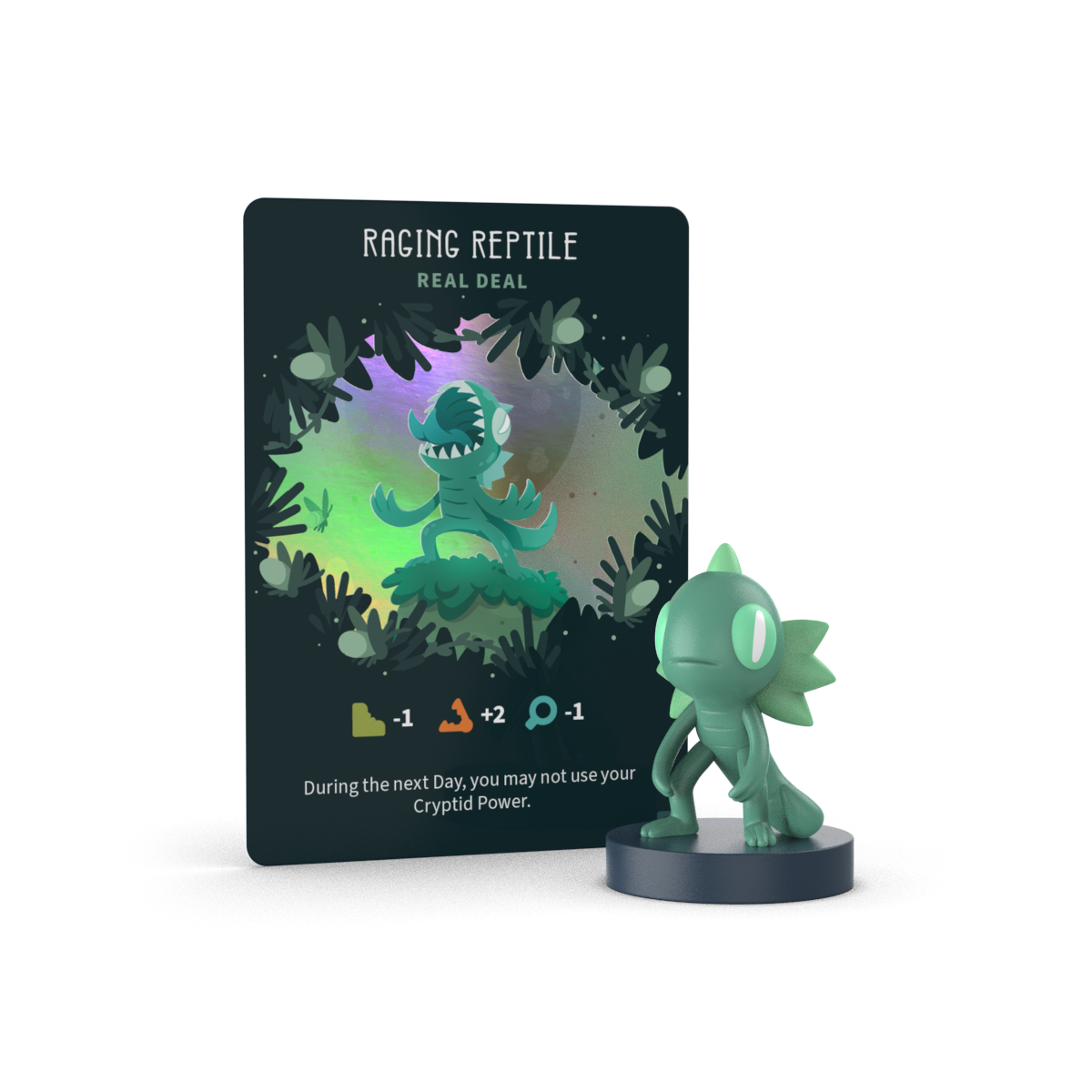 A "Raging Reptile" game card from Unstable Games' Twisted Cryptids: Vinyl Figure Blind Box stands behind a small green reptile vinyl mini figure, showing stats and text about limiting Twisted Cryptids powers.