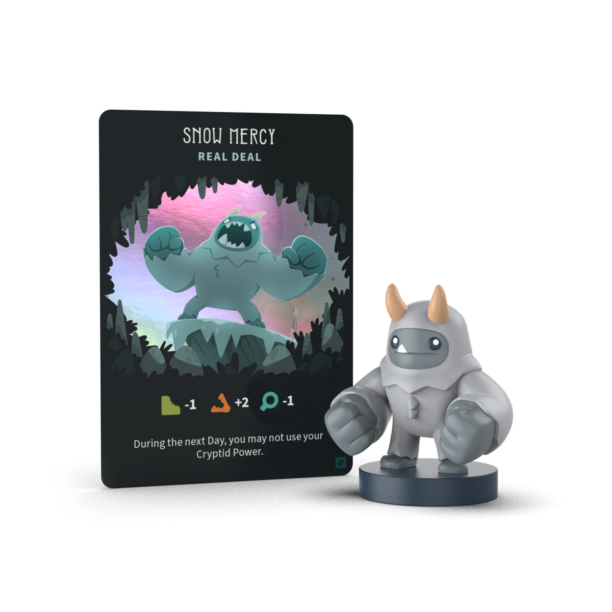 A "Snow Mercy Real Deal" game card stands behind a gray Twisted Cryptids vinyl mini figure with horns and large fists. From Unstable Games, the Blind Box includes character stats and cave art—ideal for fans of surprise collectibles.