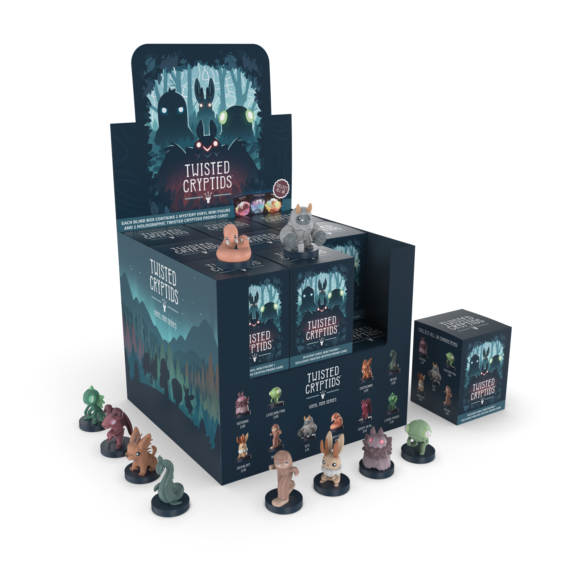 Display of Unstable Games' Twisted Cryptids: Vinyl Figure Blind Box with box packaging; colorful cryptid vinyl mini figures and a Cryptids foil promo card are showcased around the display.