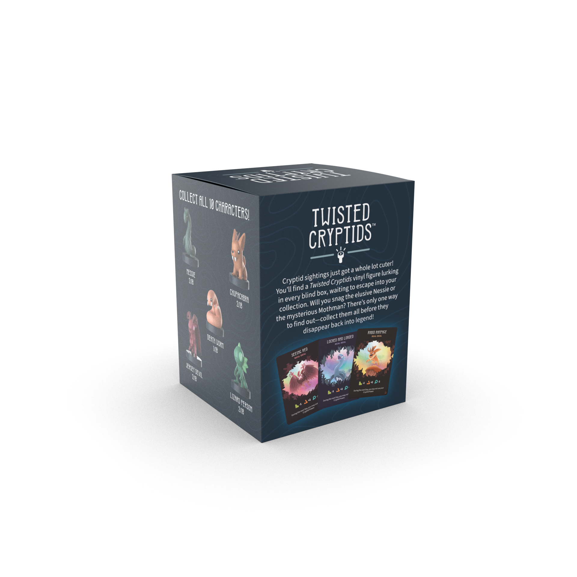 The Unstable Games Twisted Cryptids: Vinyl Figure Blind Box features cryptid figure images and names, product info, a Cryptids promo card, and urges you to collect all characters in the series.