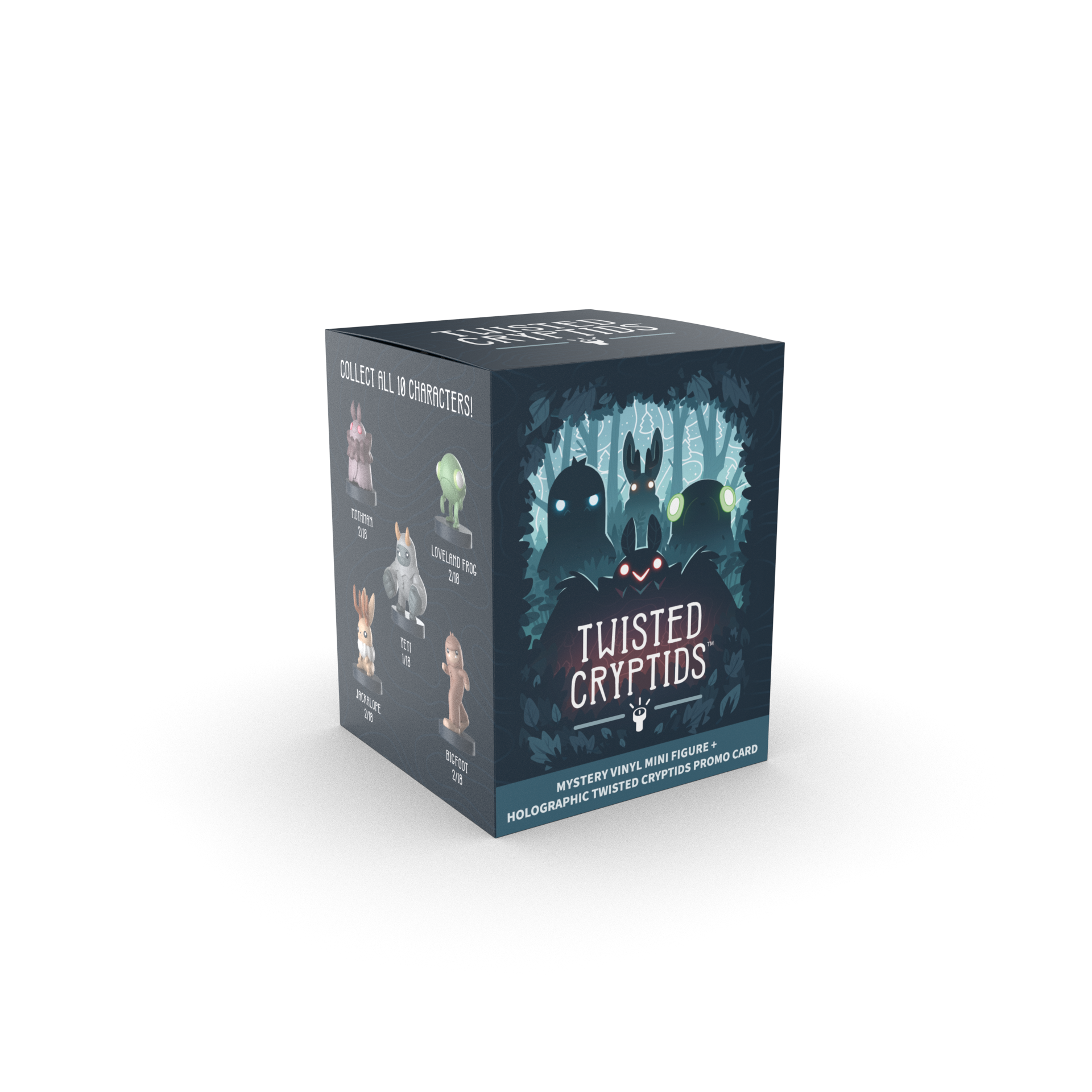 The Unstable Games Twisted Cryptids: Vinyl Figure Blind Box includes mysterious vinyl mini figures and a holographic promo card, displayed against a white background.