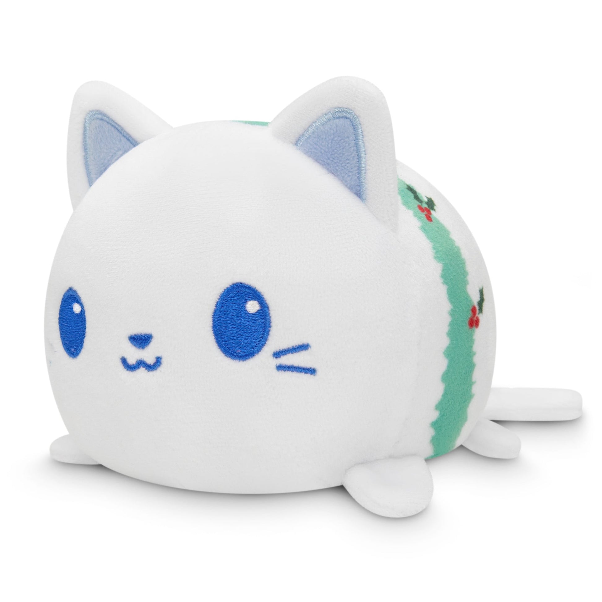 A white stuffed TeeTurtle plush cat with blue eyes.