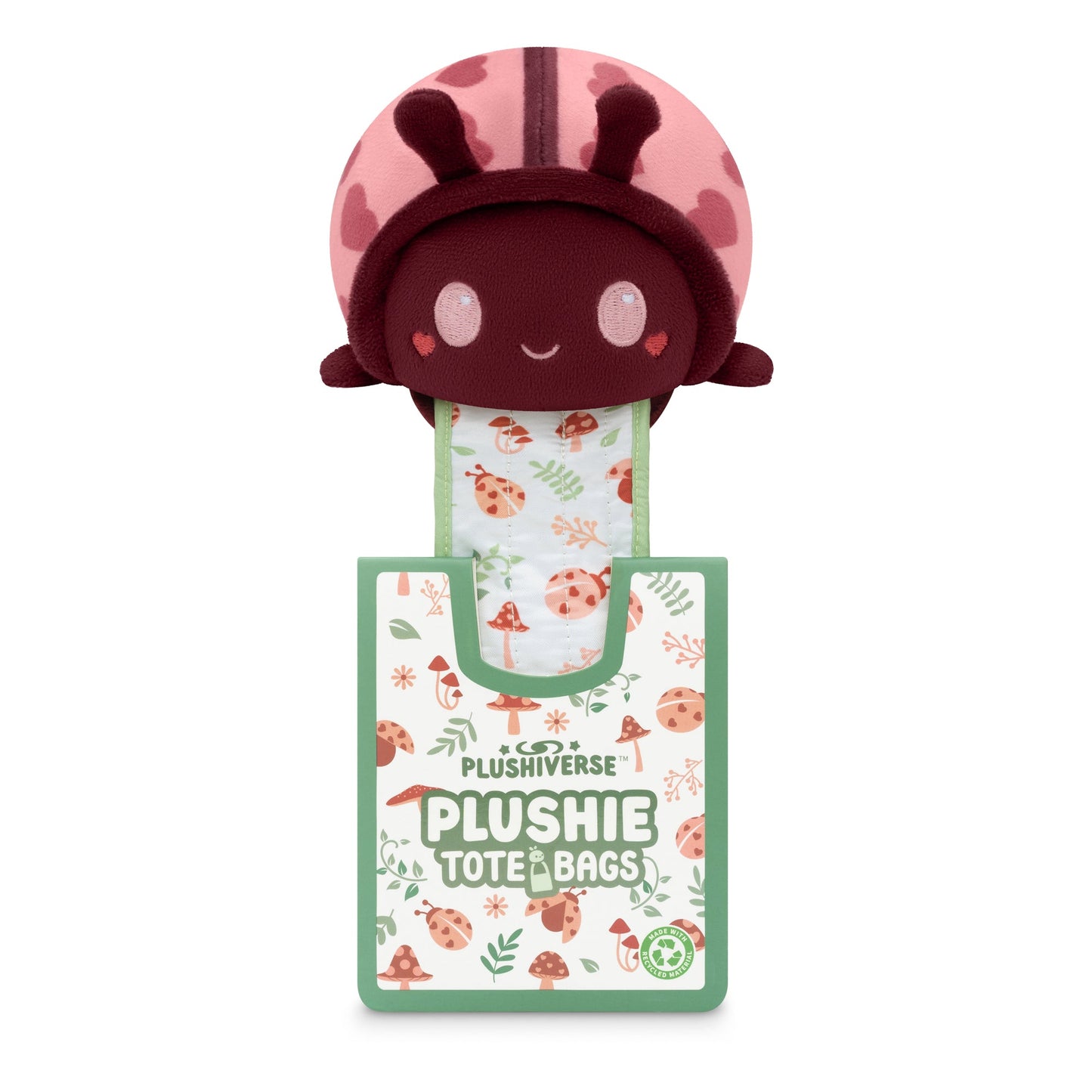A Plushiverse Lovebug plushie with a pink flower on top, perfect for velcro storage pouched or TeeTurtle tote bags.