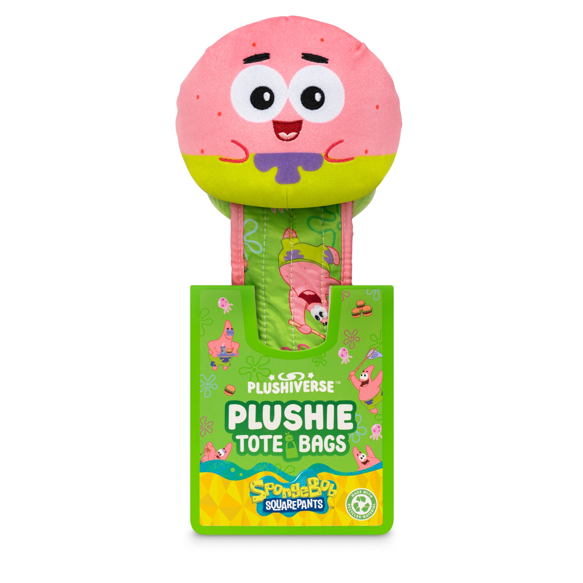 A Nickelodeon Plushiverse Patrick Star Snacktime Plushie Tote Bag made from recycled plastic bottles, packaged in green cardboard showcasing Patrick's face on a pink plush top with a visible carrying strap.