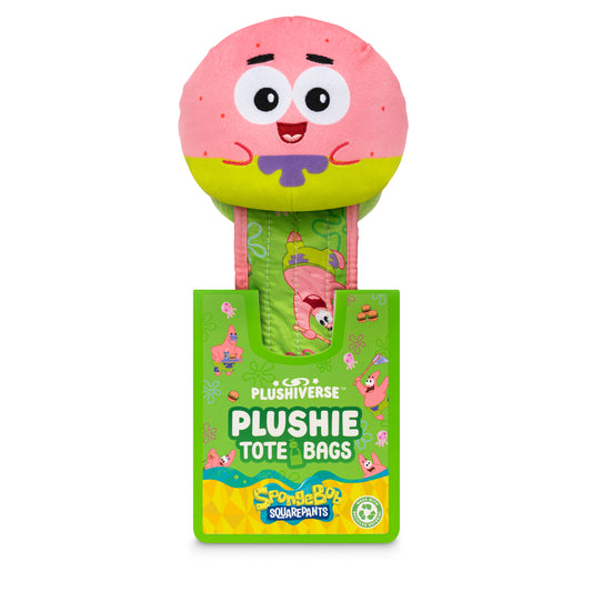 A Nickelodeon Plushiverse Patrick Star Snacktime Plushie Tote Bag made from recycled plastic bottles, packaged in green cardboard showcasing Patrick's face on a pink plush top with a visible carrying strap.
