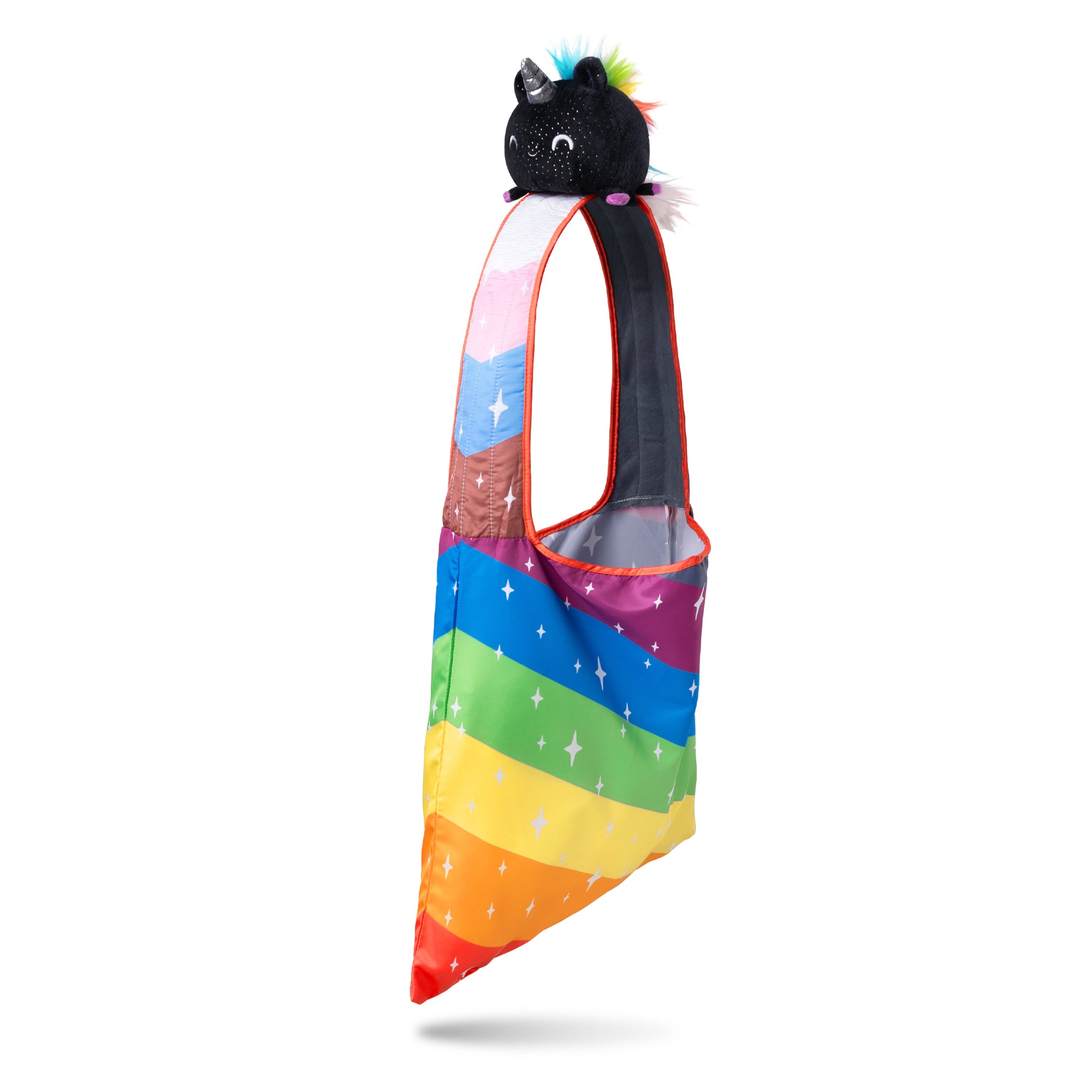 Sure, here's the revised sentence:
A rainbow-colored Plushiverse Unicorn Pride Plushie Tote Bag by TeeTurtle with a plush black unicorn head attached at the top, featuring colorful accents and small sparkling details, crafted from recycled plastic bottles.