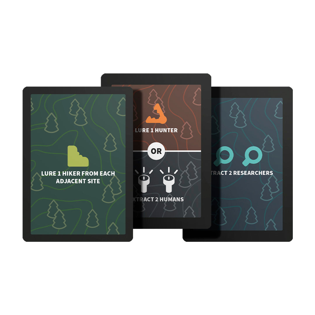 Three illustrated cards from Twisted Cryptids: Base Game by Unstable Games display instructions with hikers, hunters, and researchers over forest map backgrounds—featured in the upcoming Kickstarter campaign!.