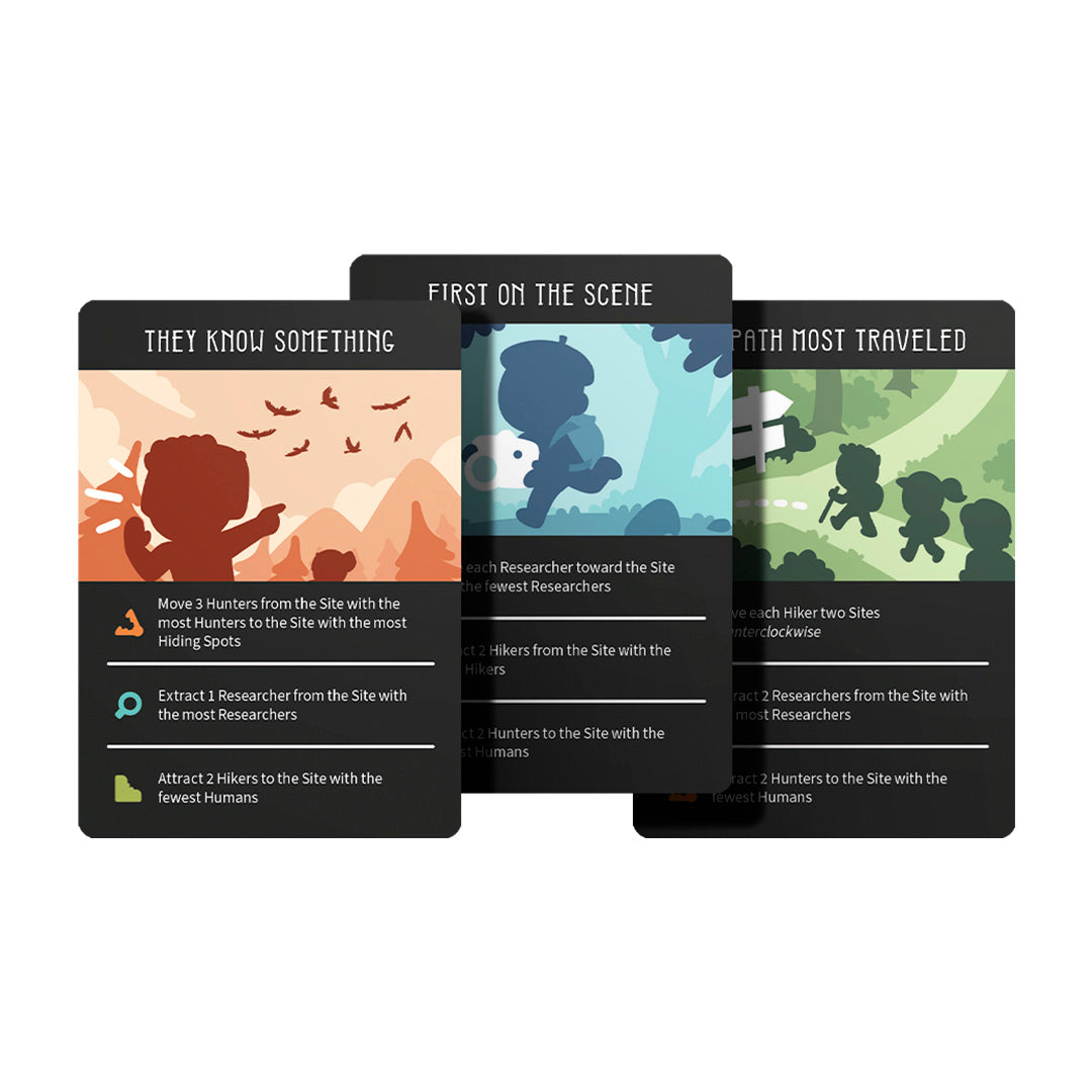 Three illustrated cards from Unstable Games' Twisted Cryptids: Base Game show colorful backgrounds, people’s silhouettes, and unique game instructions in white text beneath each title.