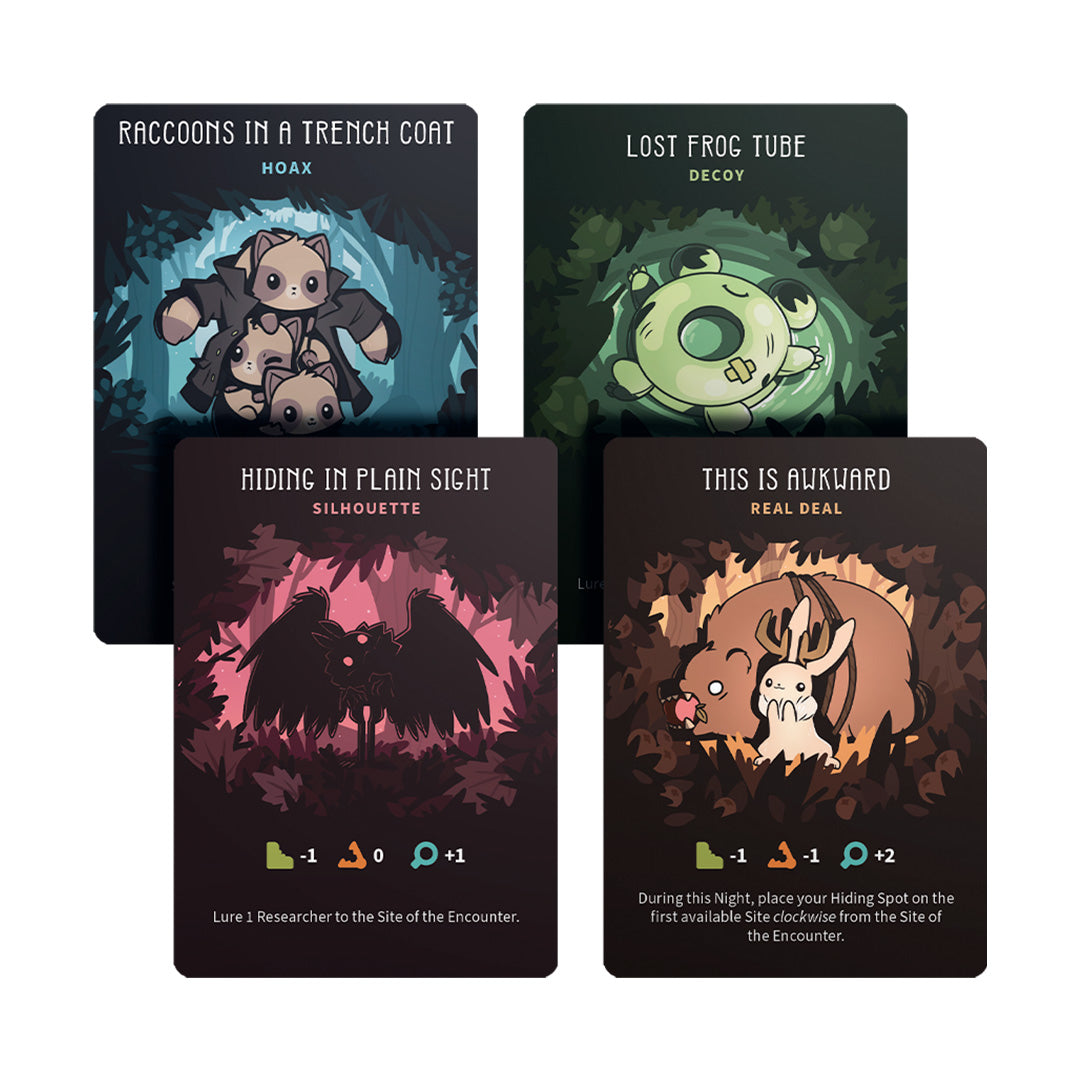 Four illustrated cards from Twisted Cryptids: Base Game by Unstable Games are shown on a dark background, each featuring unique animals, card titles, and instructions from the Kickstarter board game.