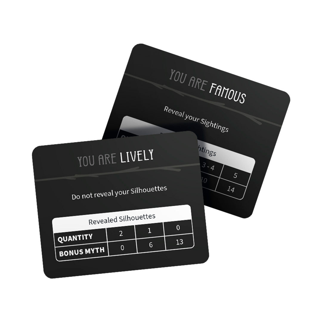 Two black game cards with white text from Unstable Games' Twisted Cryptids: Base Game. One says "You are LIVELY," the other "You are FAMOUS," each featuring unique instructions and scoring for this cryptid strategy game.